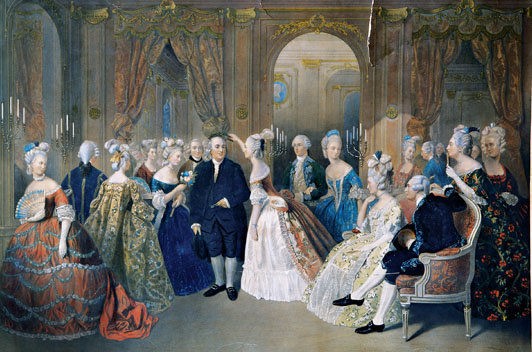 Historische Szene eines Philosophen aus dem 18. Jahrhundert in einem Salon